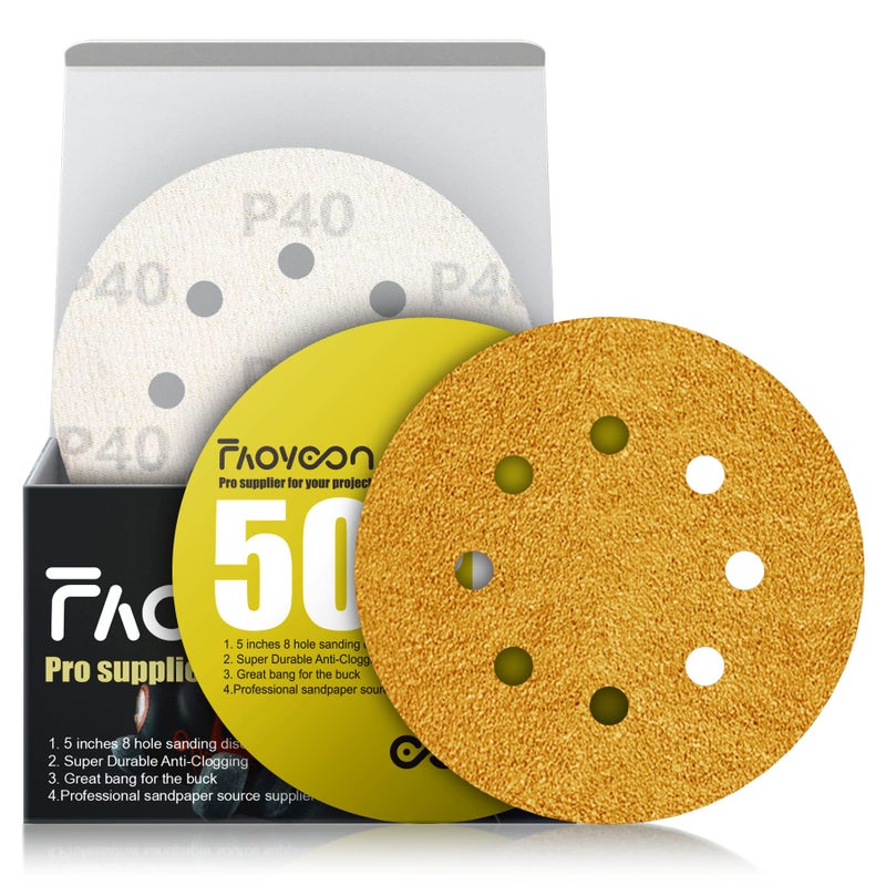 Faoyoon 5 Inch Sanding Discs Hook and Loop | 40 Grit Sandpaper | Orbital Sander Pads | Sand Paper for Automotive and Woodworking | 50 Pack - Image 1